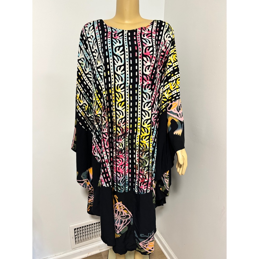 Vintage Multicolored Poncho Ramin‎ Batik Kaftan Dress Rayon Boho Hippie One Size